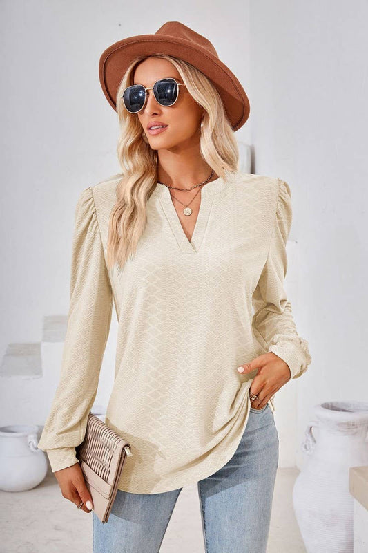 CWTBLL2374_SOLID COLOR V-NECK JACQUARD LONG-SLEEVED TOP