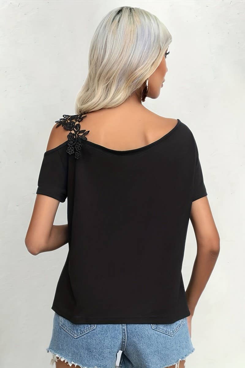 CWTBLS1538_SOLID COLOR STITCHING LACE SHORT-SLEEVED TOP