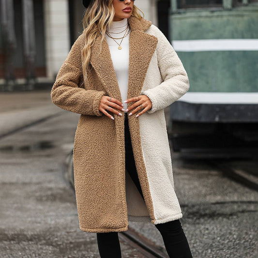 Color contrast style suit collar fleece coat