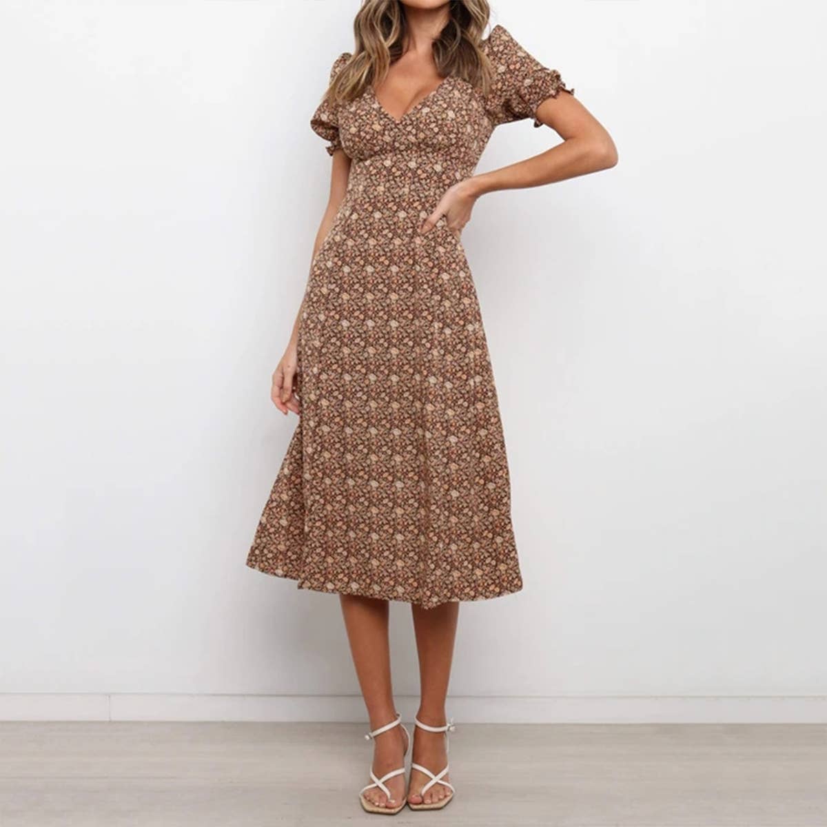 Deep V short sleeve waist slimming long dress