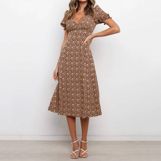 Deep V short sleeve waist slimming long dress