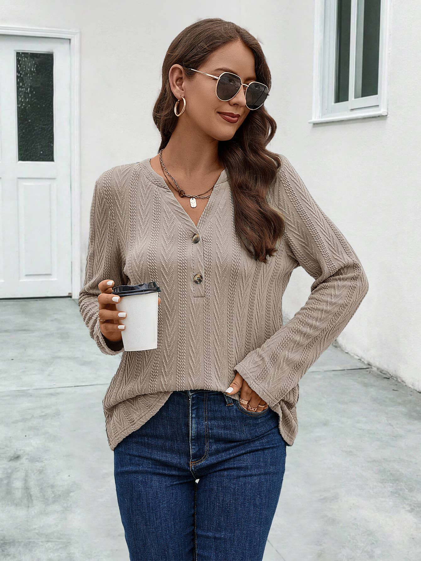 BUTTON KNIT FABRIC LONG SLEEVE TOP