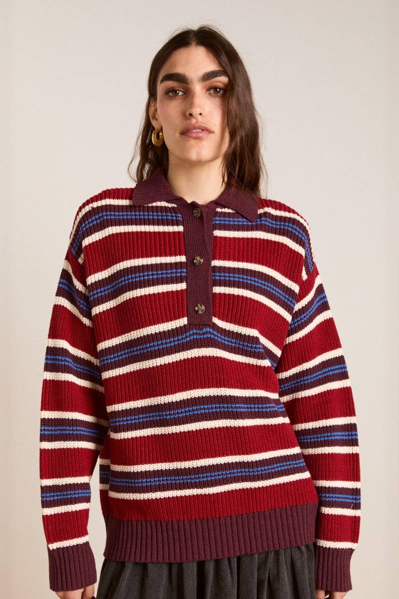 CWOSWL07738_2025 RETRO STRIPED COLORBLOCK POLO KNIT SWEATER