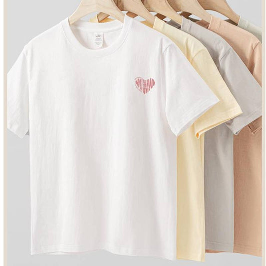 CWTTS0932_PINK LOVE HEART PRINTED ROUND NECK CASUAL T-SHIRT
