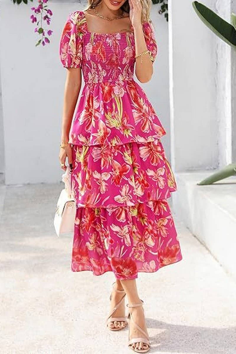 CWDMD01026_SQUARE NECK SHORT SLEEVE FLORAL CHIFFON DRESS