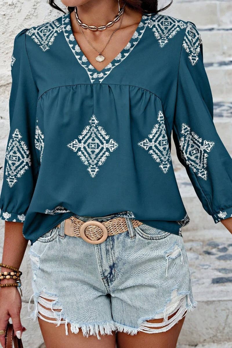 CWTBLS1125_SUMMER PRINTED SEVEN-QUARTER SLEEVE V-NECK TOP