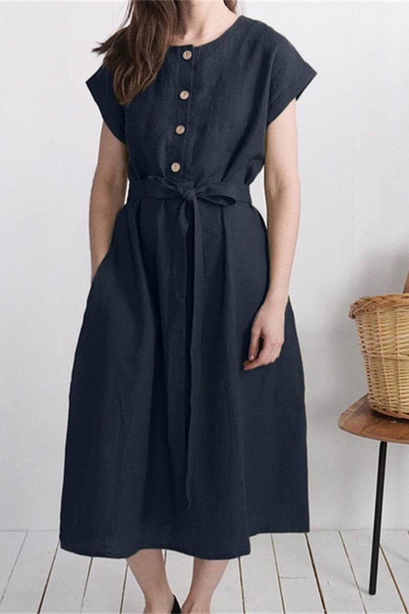 CWDMD3164_COTTON AND LINEN LACE-UP SINGLE-BREASTED DRESS