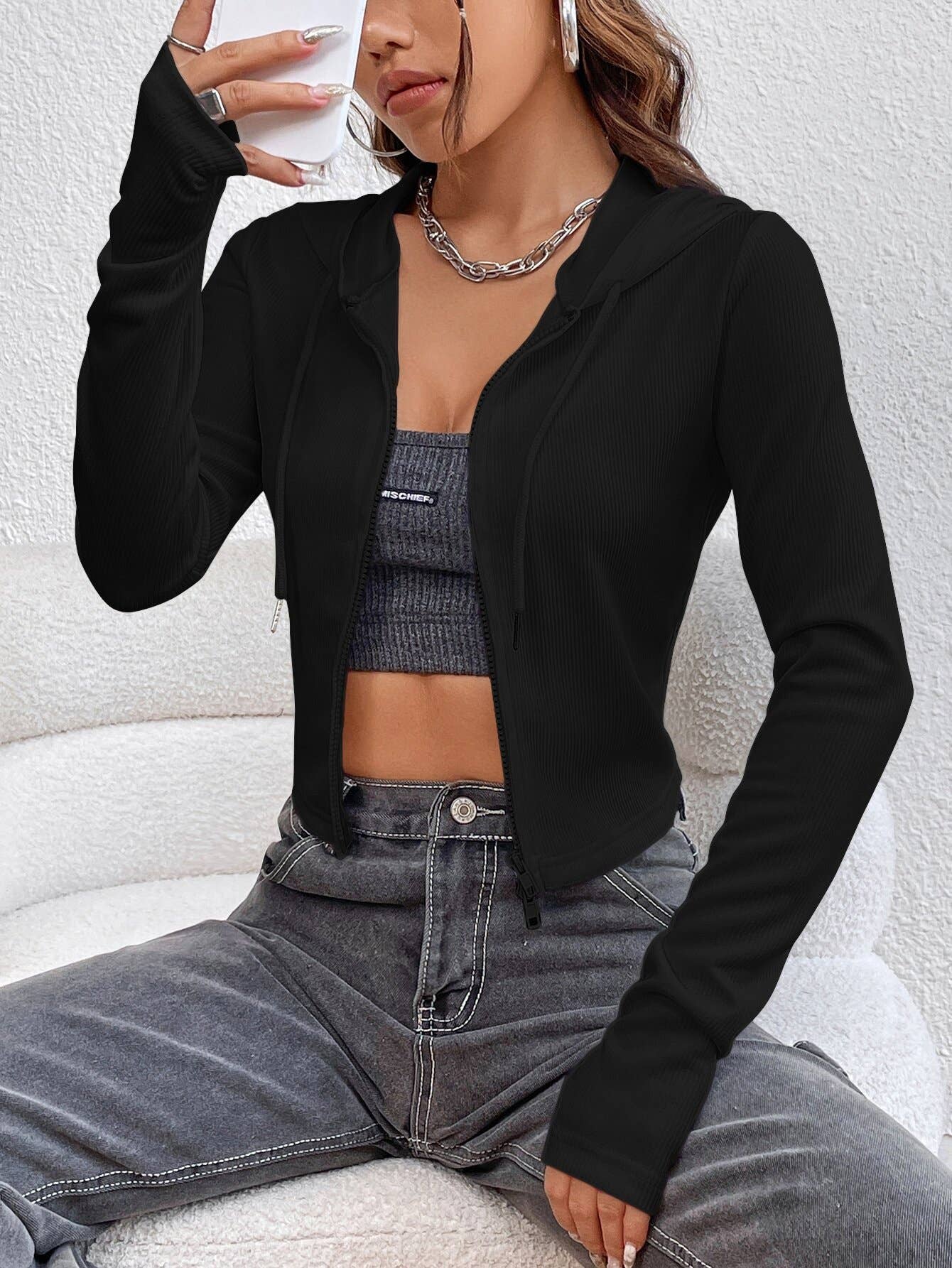 Design zip-up cardigan jacket long sleeve top