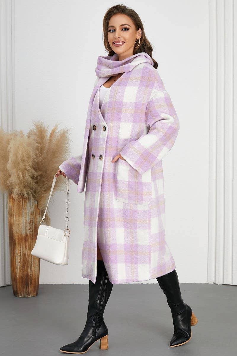 CWOCO0946_DOUBLE BREASTED PLAID V-NECK SCARF COAT