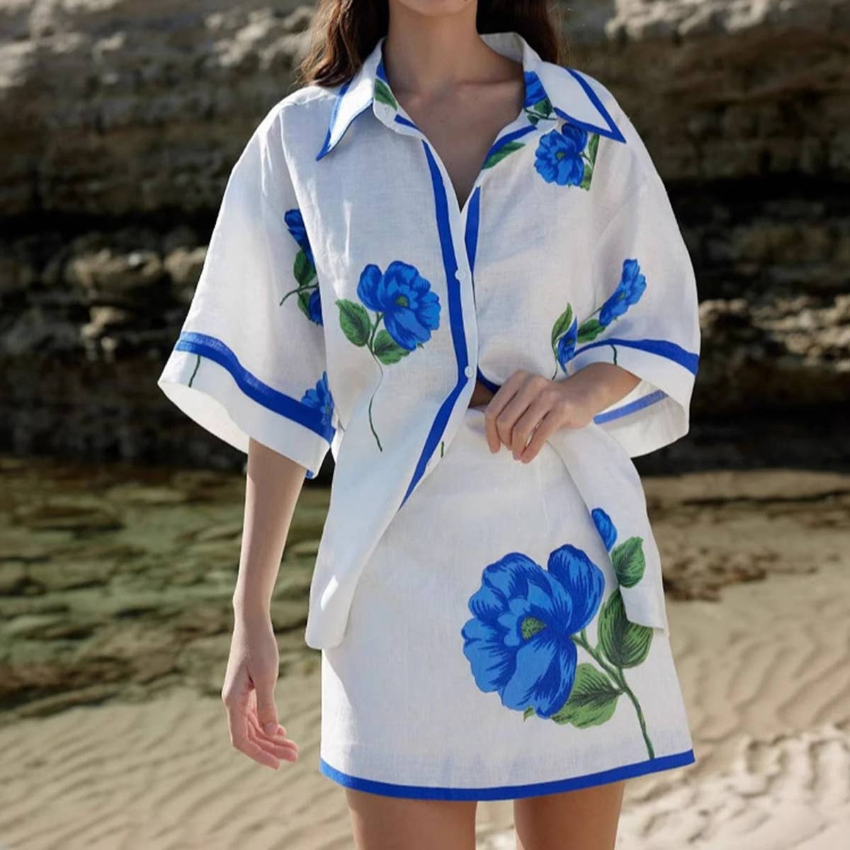 Casual linen shirt collar wrap hip skirt set