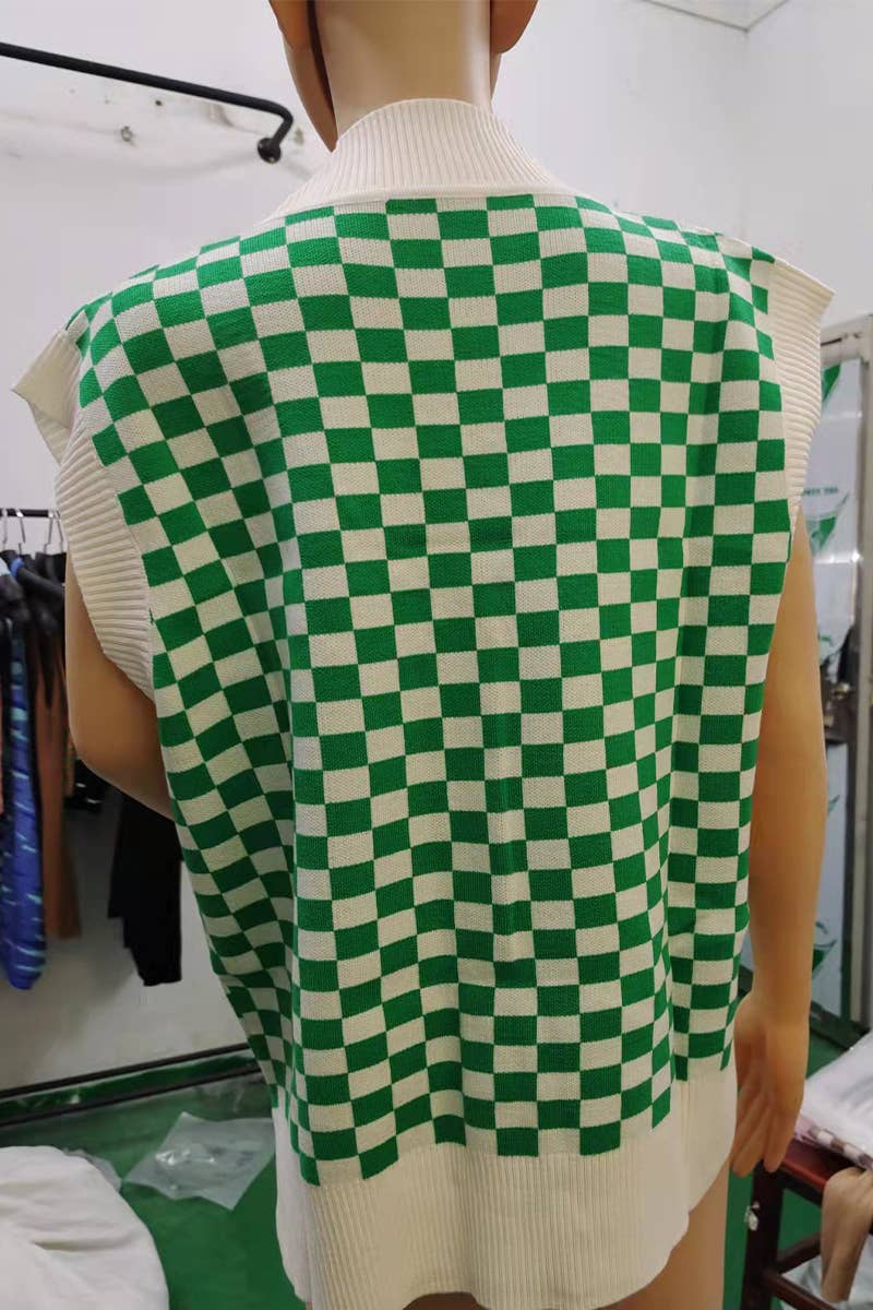 COLOR CONTRAST PLAID TEMPERAMENT V-NECK WOOL VEST