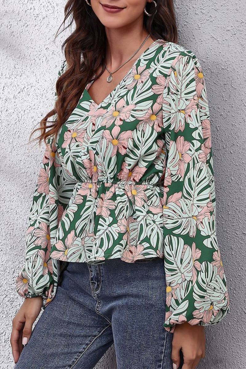 CWTBLL3759_V-NECK LANTERN SLEEVE LEAF PRINT CHIFFON SHIRT