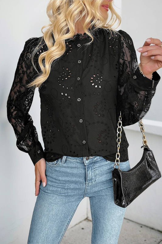 CWTBLL4076_SOLID LACE INSERT ELEGANT SHIRT BLOUSE