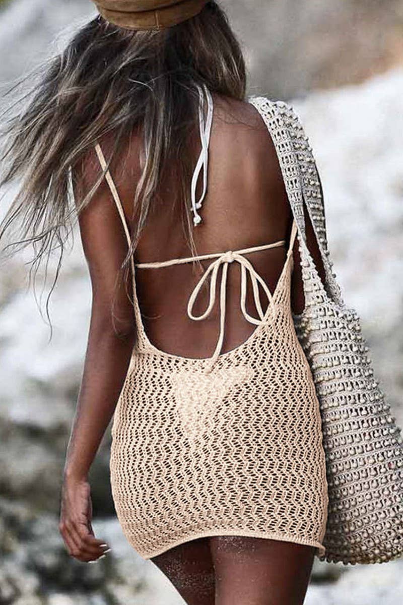 CWDSD4650_KNIT HOLLOWED-OUT BACKLESS LACE-UP BLOUSE