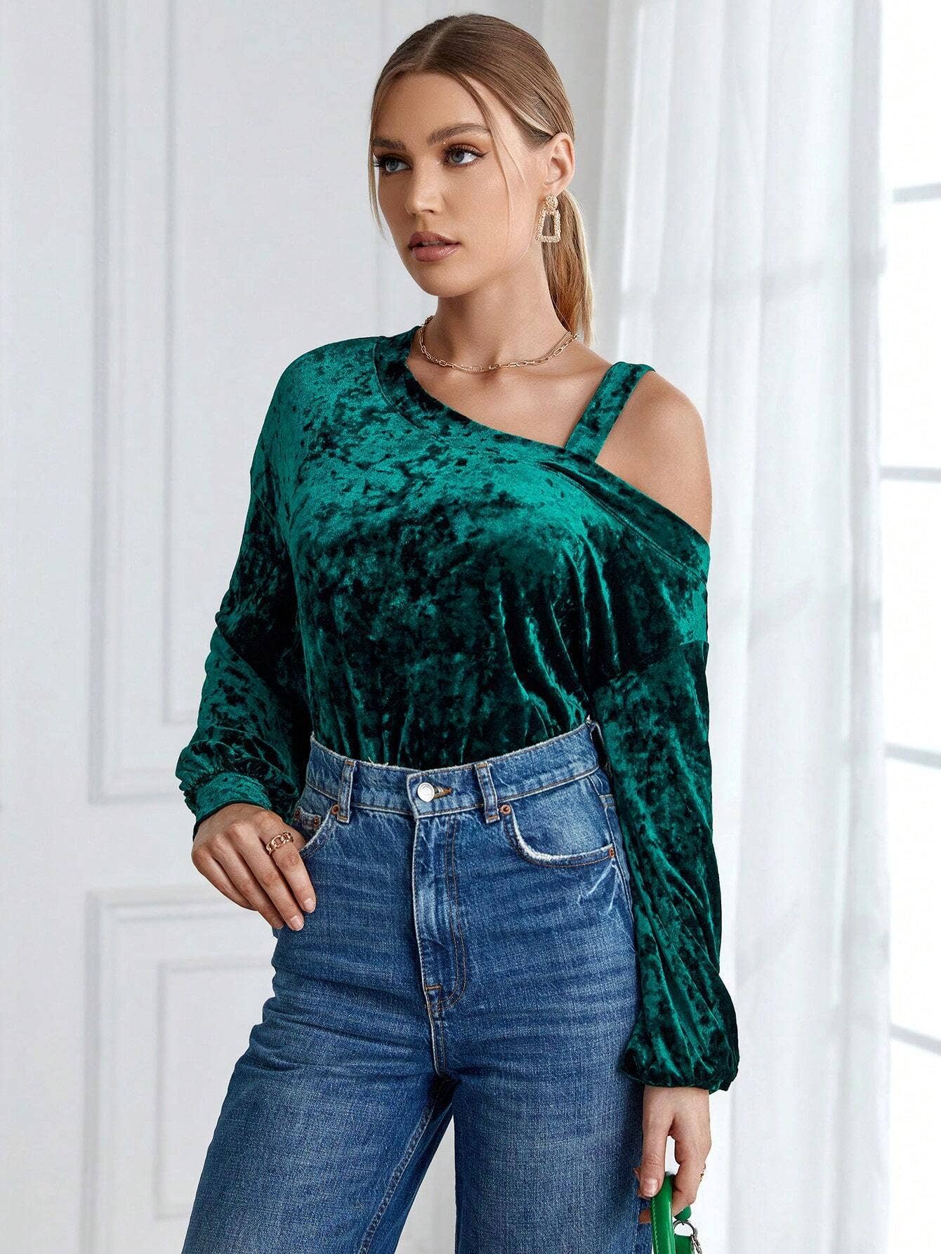 FLUORESCENT LANTERN SLEEVE SHIRT DIAGONAL COLLAR