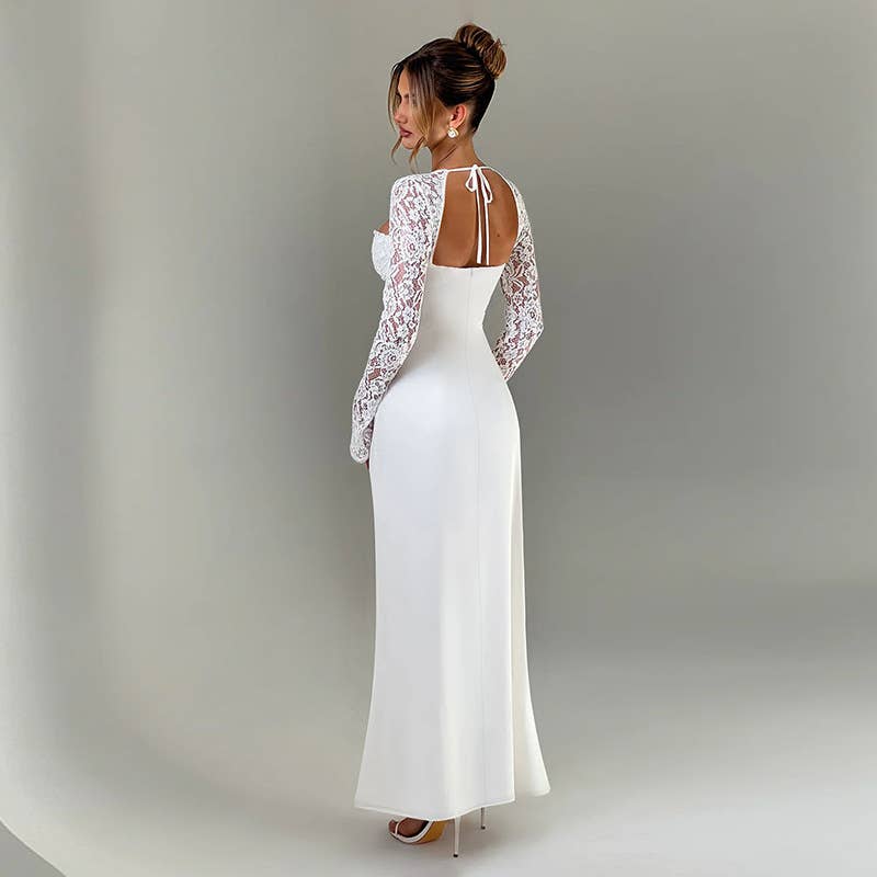 A slim high-slit lace patchwork fashion dress