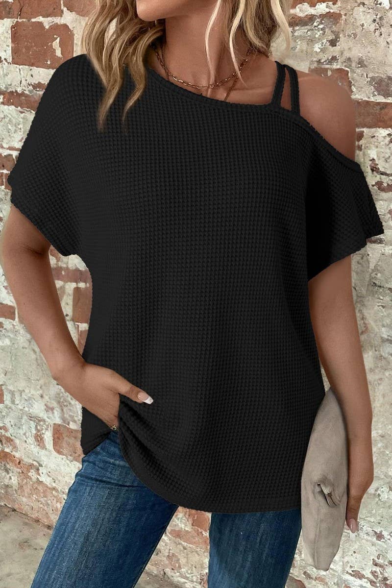CWTBLS1617_SOLID COLOR OFF-SHOULDER SHORT-SLEEVED KNIT TOP
