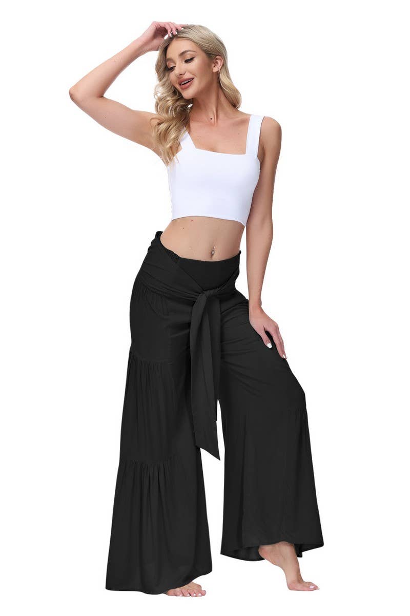 CWBLP2065_TEMPERAMENT ELASTIC WAIST PLEATED WIDE-LEG PANTS