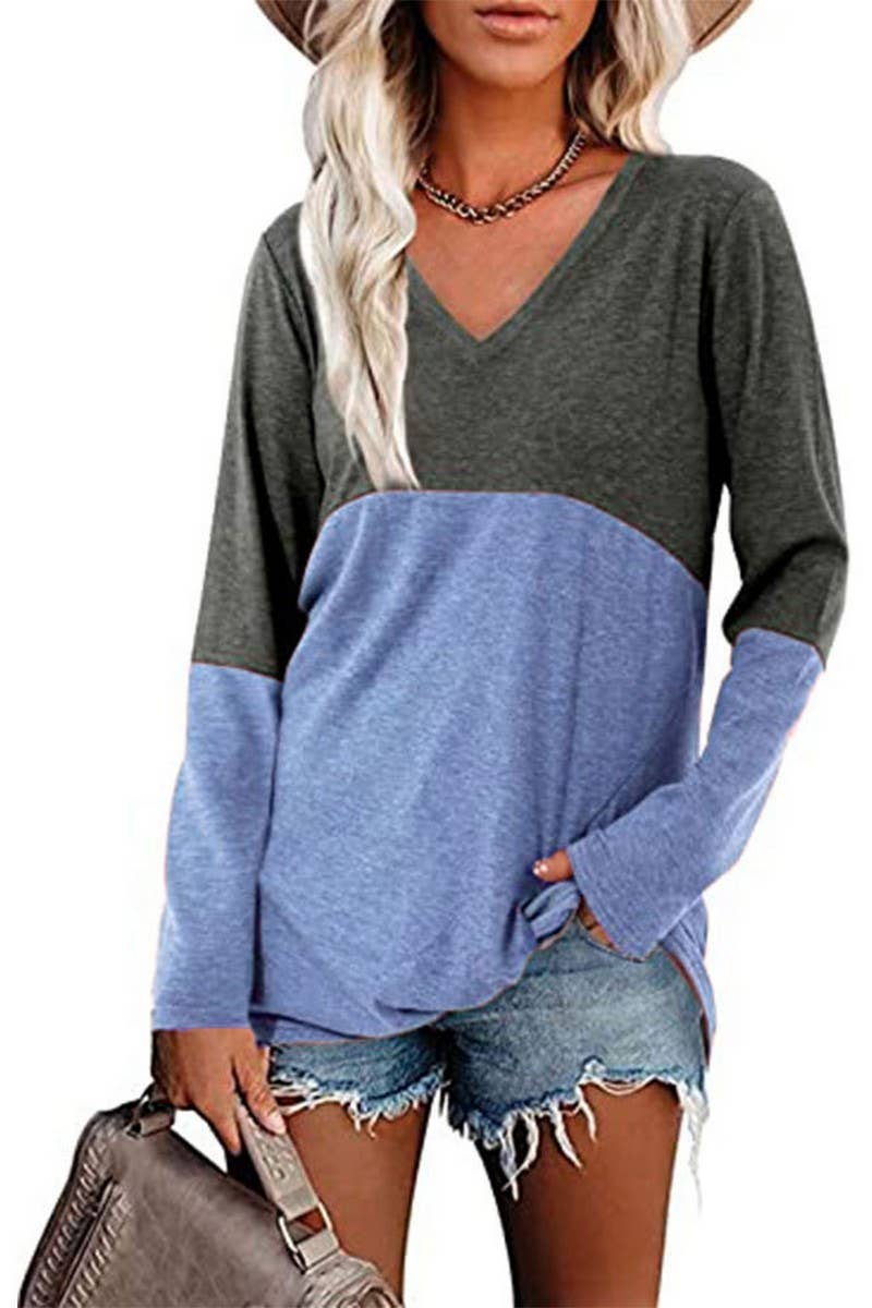 CWTBLL3689_CONTRAST COLOR V-NECK LONG-SLEEVED LOOSE TOP