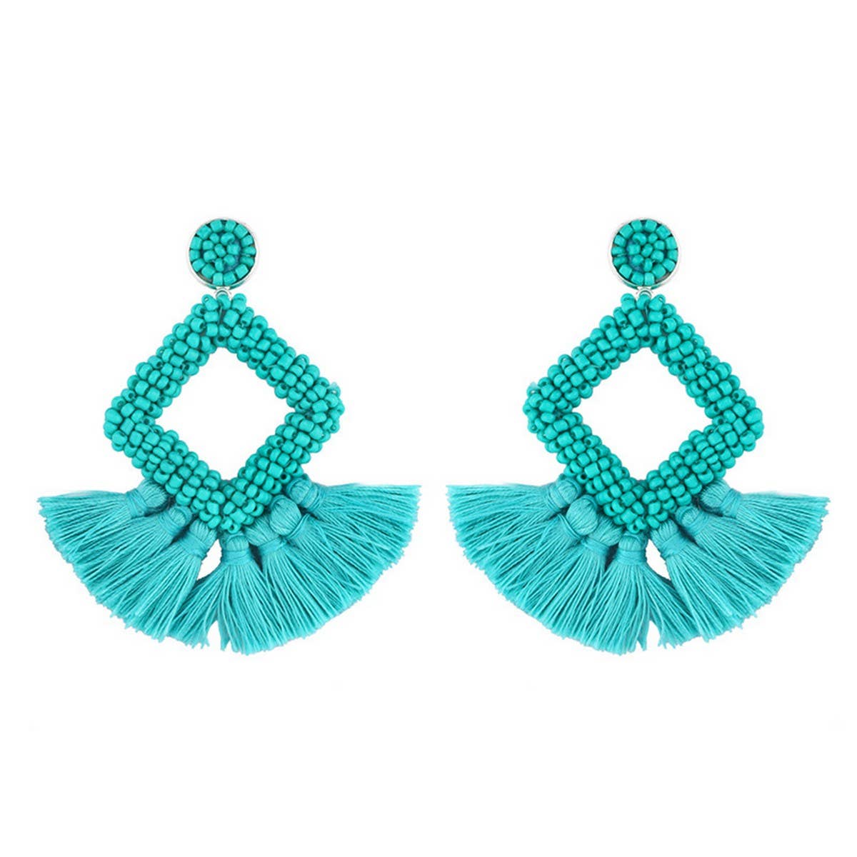 GEOMETRIC DIAMOND SHAPED RICE BEAD TASSEL EARRINGS