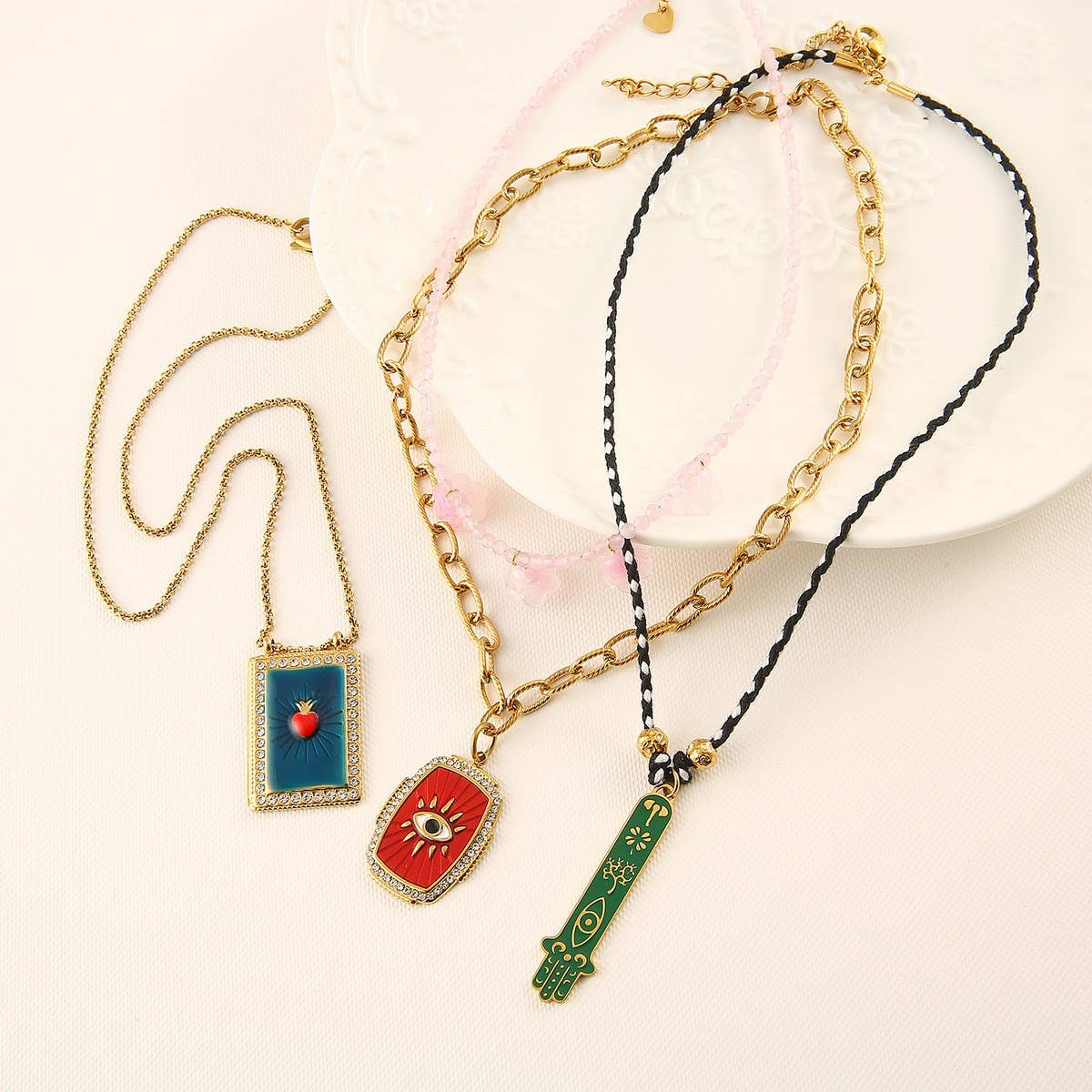 Vintage Steel Square Evil Eye Pendant Necklace