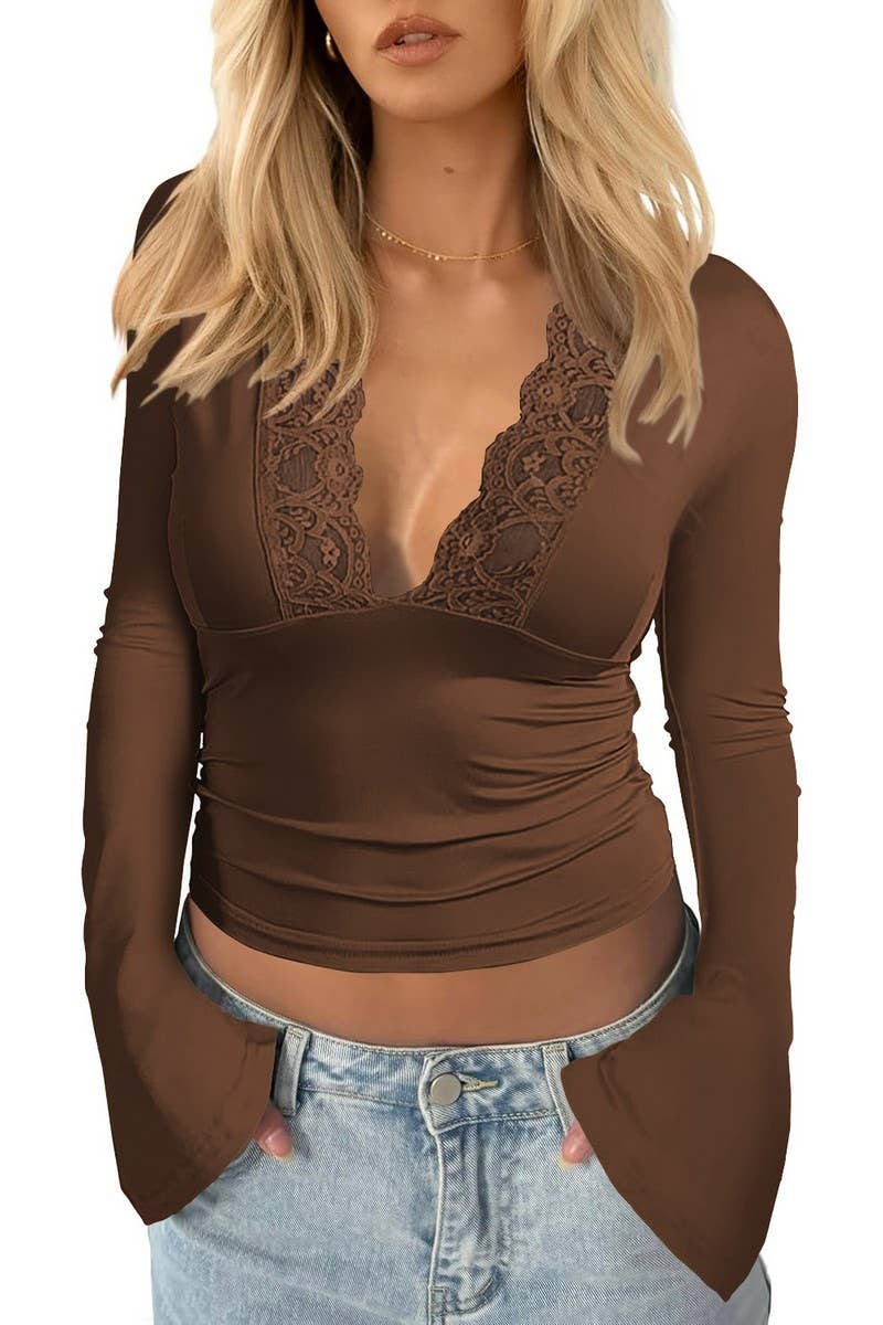 CWTBLL3700_V-NECK LACE STITCHING LONGSLEEVED BOTTOMING SHIRT
