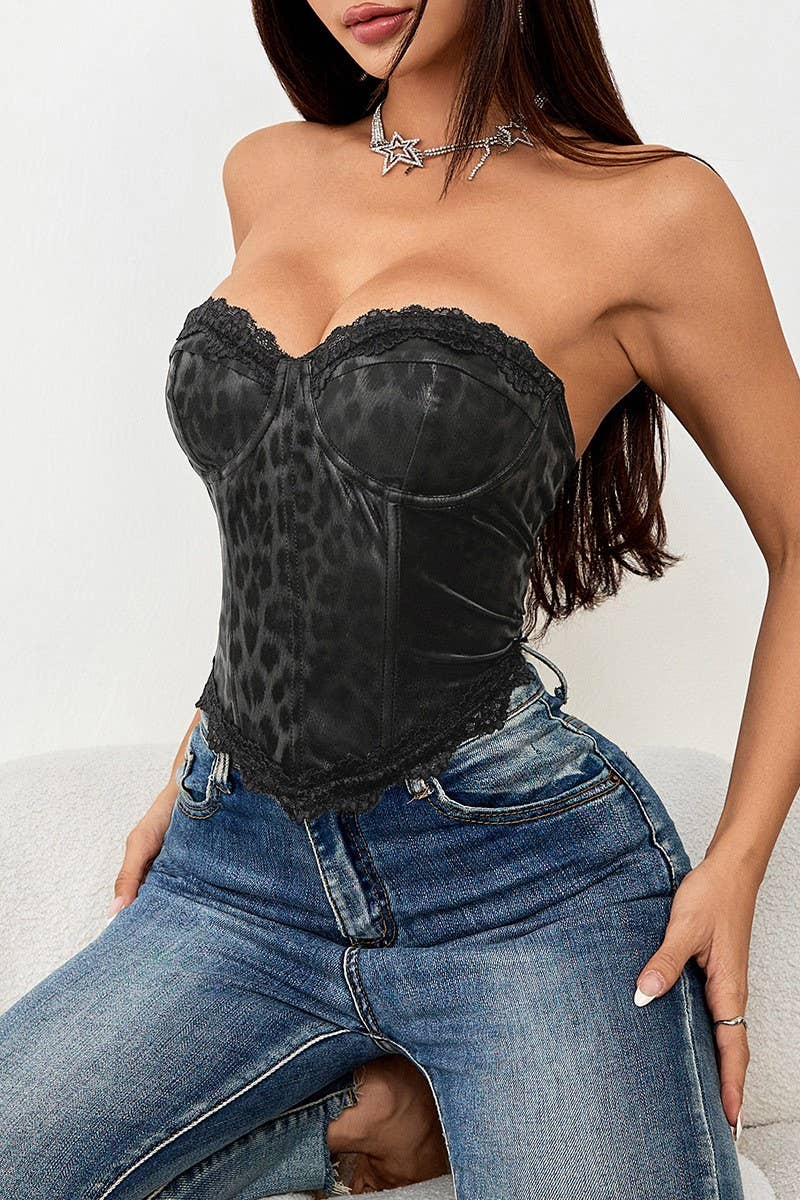 CWTTT0058_LEOPARD-PANEL LACE HERRINGBONE CORSET