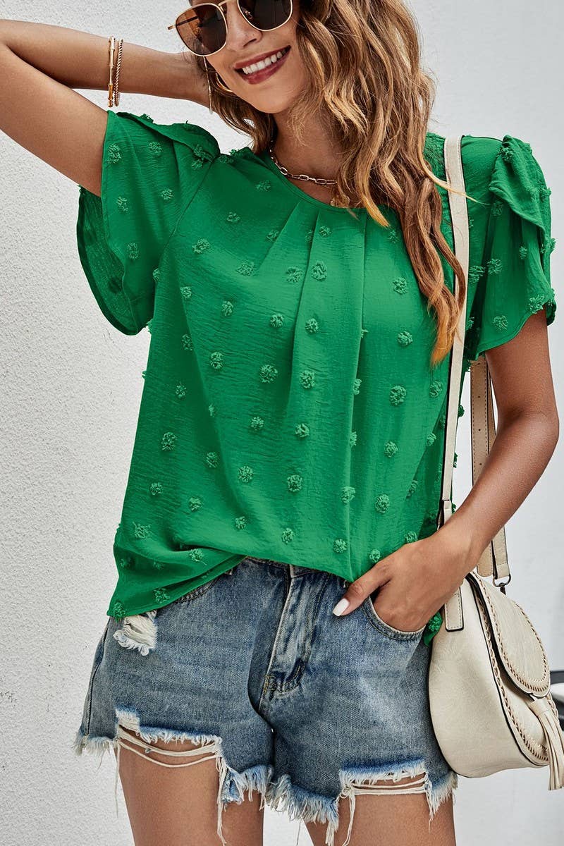 CWTBLS0342_Round neck Short Puff Sleeve Blouse