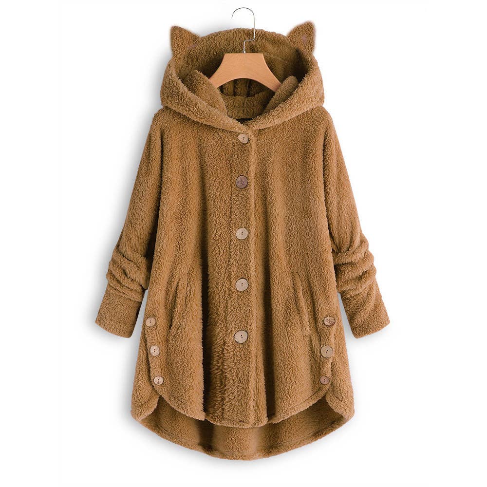 BUTTON-UP HOODED CAT EARS PLUSH SOLID COAT