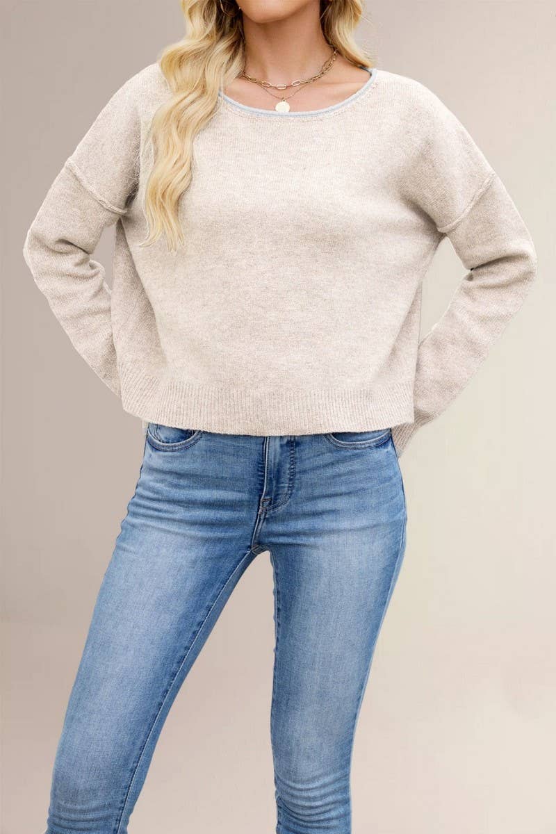 CWOSWL7019_ROUND NECK COLORBLOCK LOOSE PULLOVER SWEATER