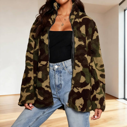 Camouflage fleece double-sided funnel neck coat