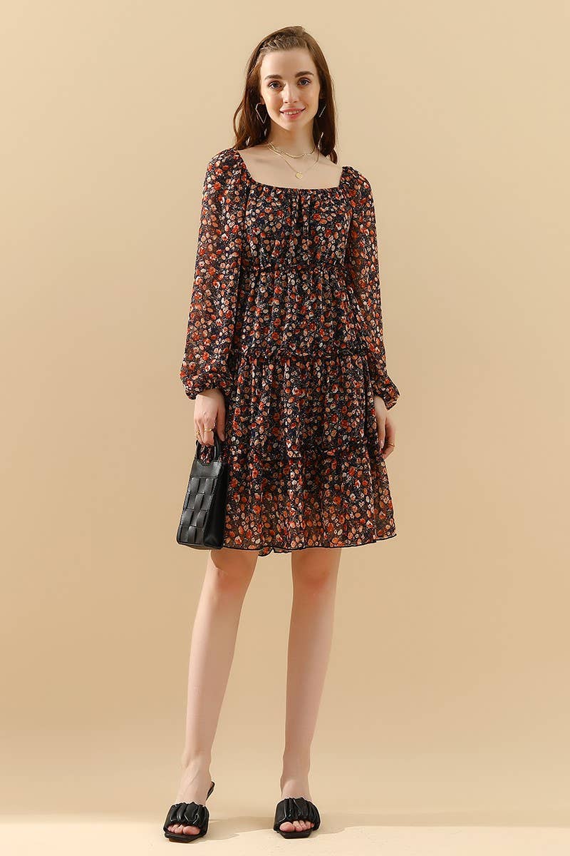 CWDSD1399-B_LONGSLEEVE SQUERE NECK SHORT MINI DRESS