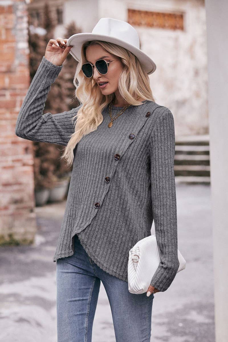 CWTBLL1830_SOLID COLOR ROUND NECK RIBBED HEM BUTTON T-SHIRT