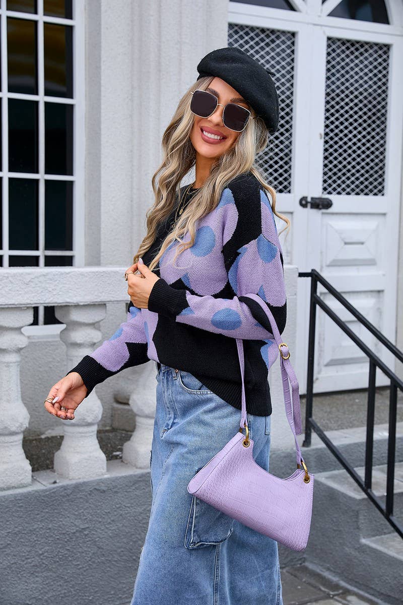 CWOSWL3067_LARGE FLOWER PRINT CREW NECK KNITTED SWEATER