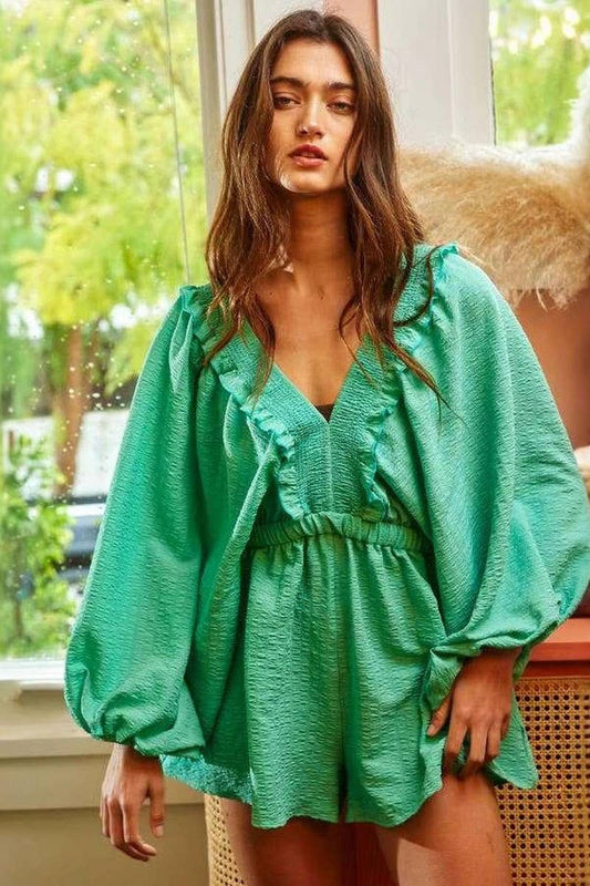 CWSJS1776_NEW SUMMER V-NECK PUFF SLEEVE JUMPSUIT