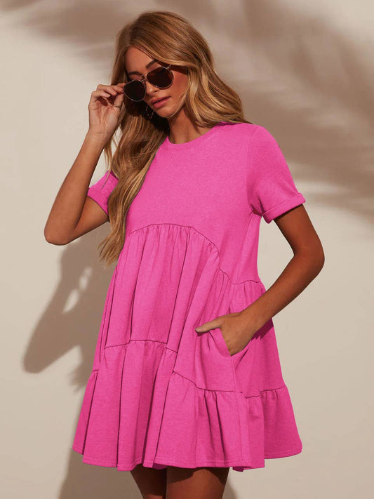 Casual round neck short sleeve pleated dress
