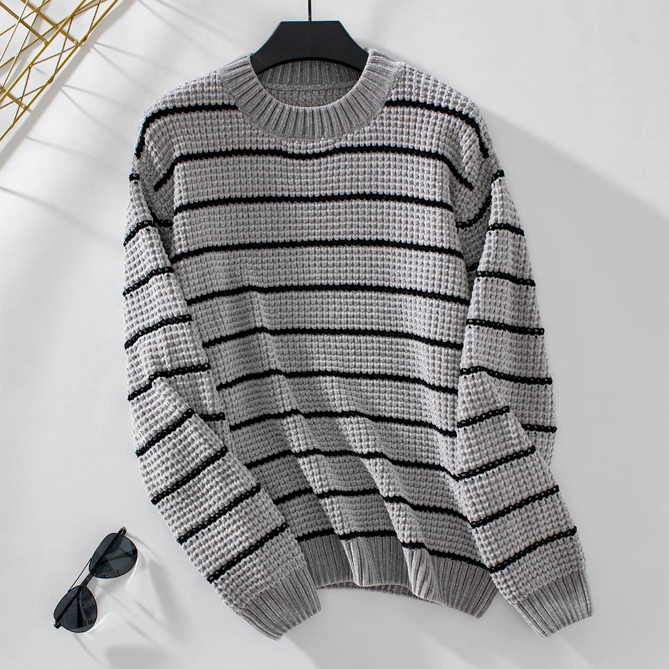 CHENILLE STRIPED CREW NECK PULLOVER SWEATER