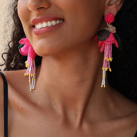 Boho Long Tassel Earrings Handmade Fabric Flowers_CWMM6165