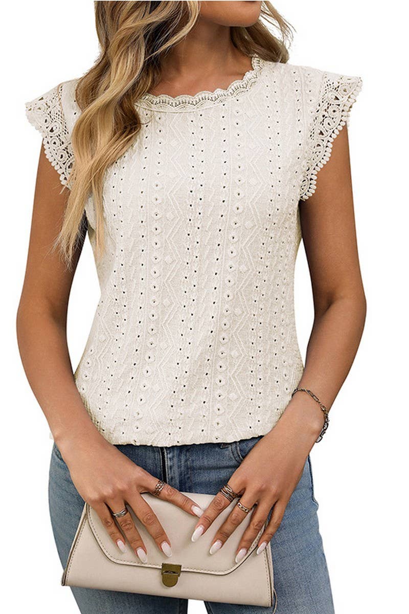 CWTBLS1619_SOLID COLOR ROUND NECK LACE STITCHING HOLLOW TOP