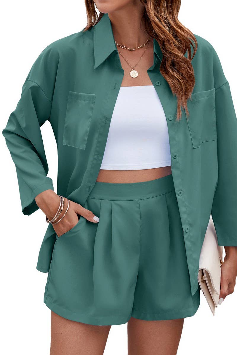 CWSS1094_FASHIONABLE COMMUTER LOOSE LAPEL SHIRT SHORTS SUIT