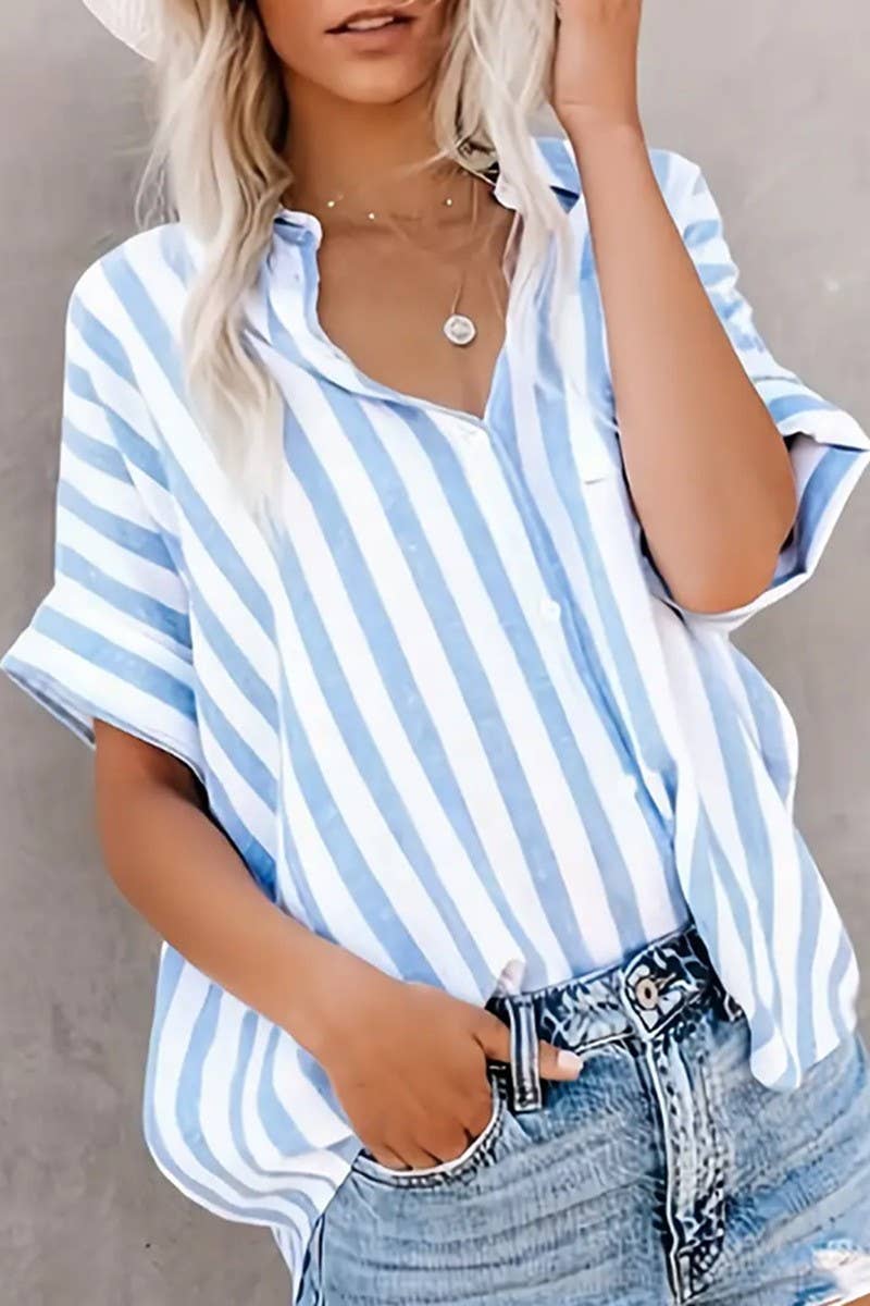 CWTBLSL0993_CASUAL LOOSE TWO-TONE STRIPED CARDIGAN SHIRT