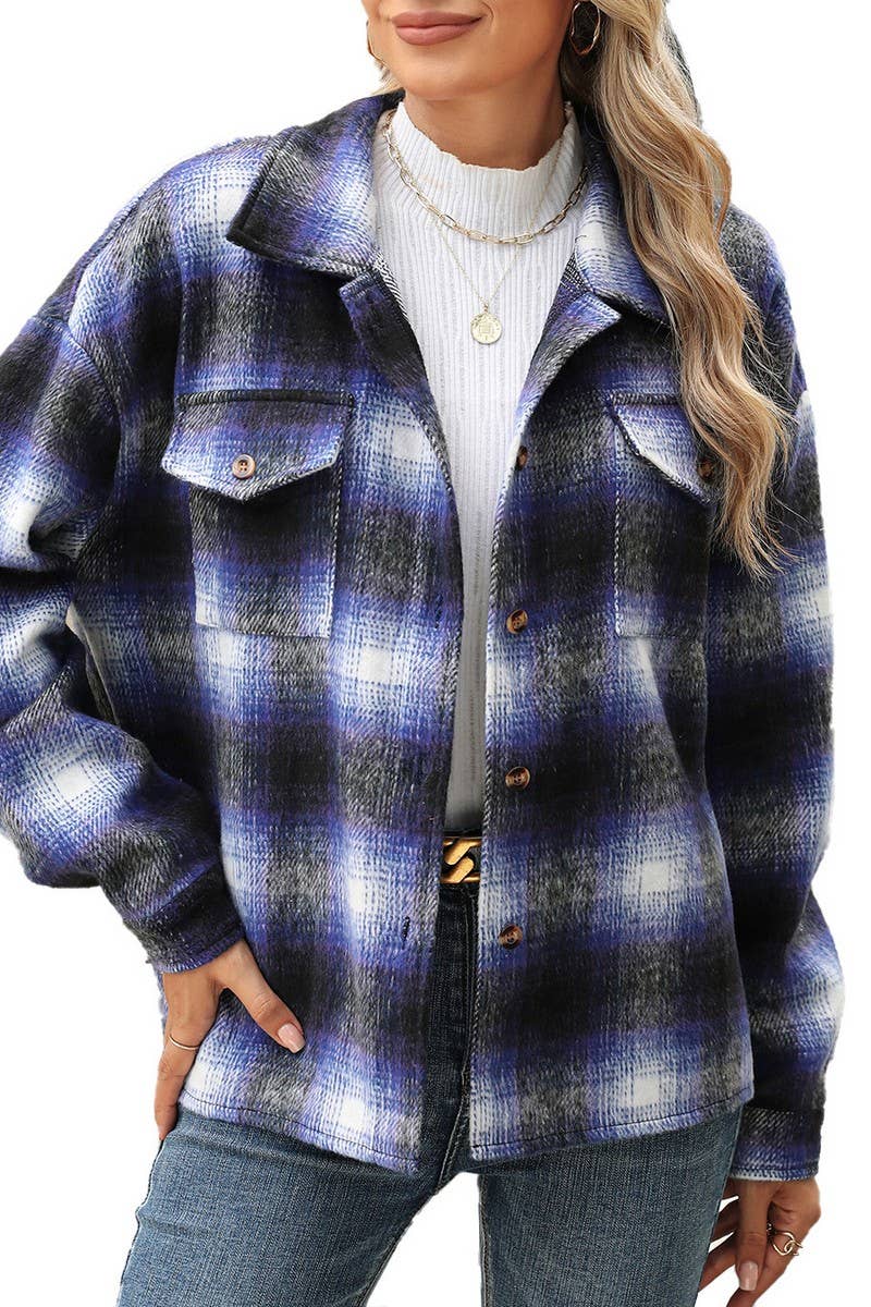 CWOCO0874_LONG SLEEVE LOOSE STRIPED PLAID CARDIGAN COAT