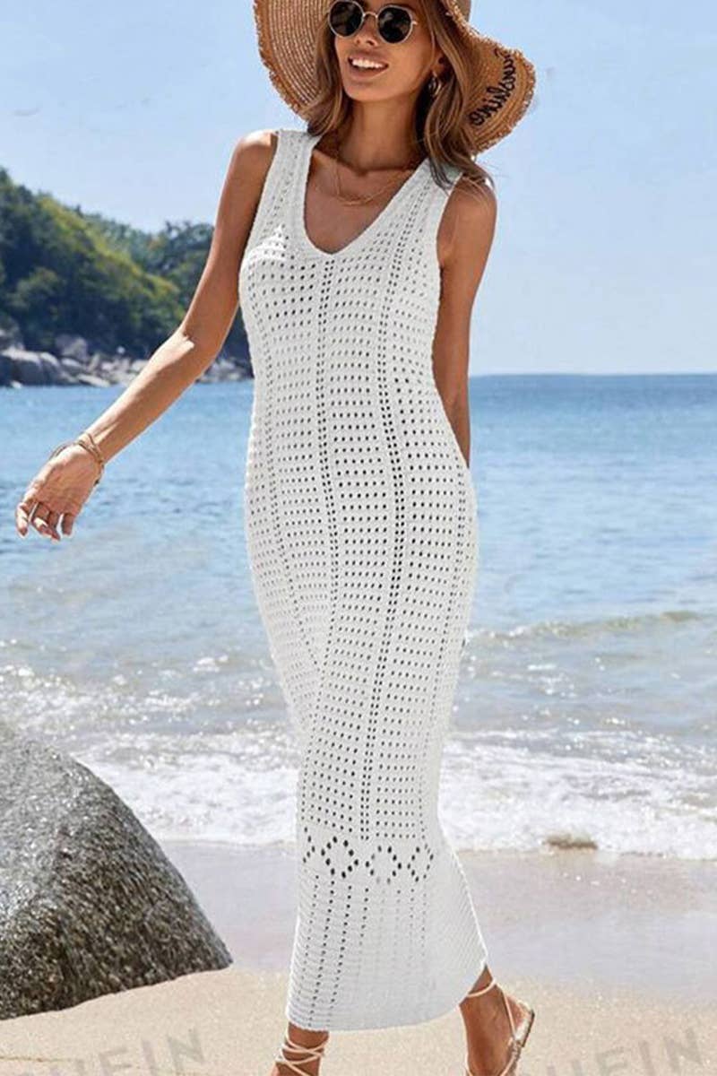 CWDHL0645_SOLID COLOR KNIT HOLLOW LONG VEST DRESS