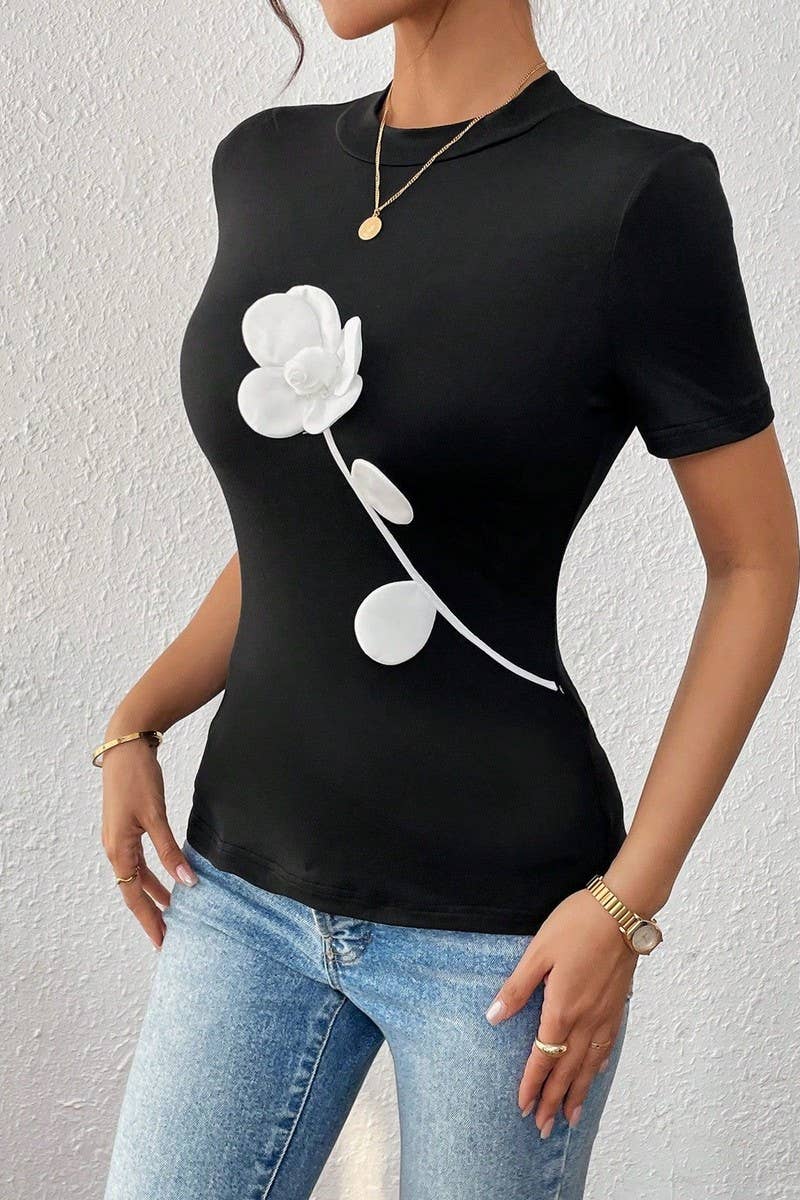 CWTTS1453_COLORBLOCK 3D FLORAL EMBROIDERED SLIM TEE
