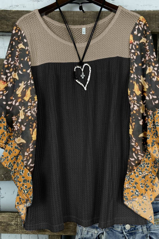 CWTBLS2231_COLORBLOCK PRINT BATWING SLEEVE WAFFLE TOP