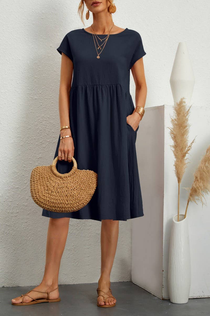 CWDSD7975_SUMMER TEMPERAMENT ROUND NECK A-LINE LOOSE DRESS