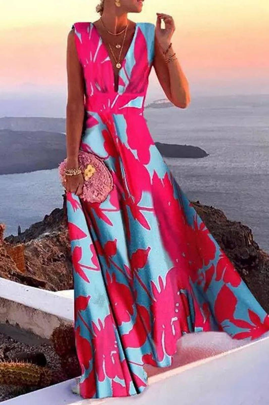 CWDMD5428_ELEGANT FLORAL DEEP-V FRENCH STYLE MIDI DRESS