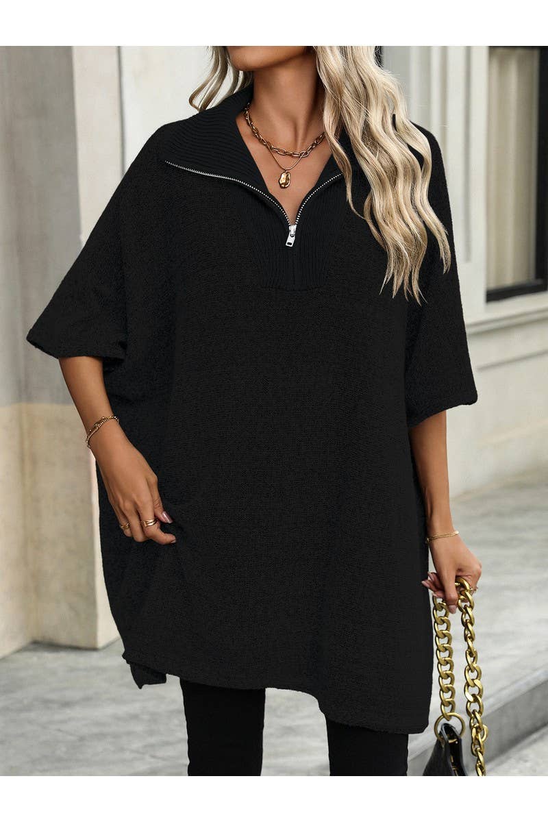 CWOSWS0082_Long Lapel Bat Sleeve Knit Zip Up Sweater