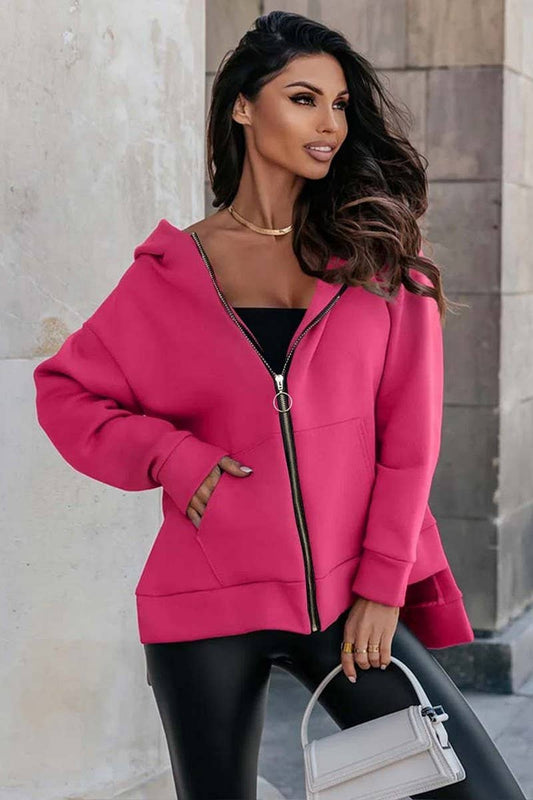 CWOCO0934_SOLID COLOR ZIPPER HOODED CARDIGAN SWEATSHIRT