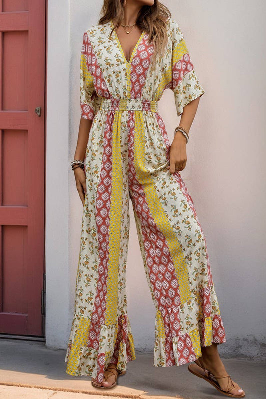 CWSJS1325_V-NECK BOHEMIAN PRINT HIGH WAIST JUMPSUIT